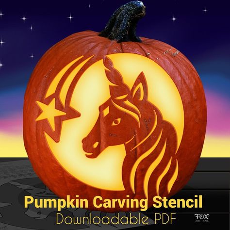 The unicorn is shown bust up and the swirly hair mirrors the shooting star lines almost. Cars Pumpkin Carving Ideas, Fairy Pumpkin Carving, Star Pumpkin Carving, Princess Pumpkin Carving, Unicorn Pumpkin Carving, Owl Pumpkin Carving, Star Pumpkin, Pumpkin Carving Stencil, Princess Pumpkin