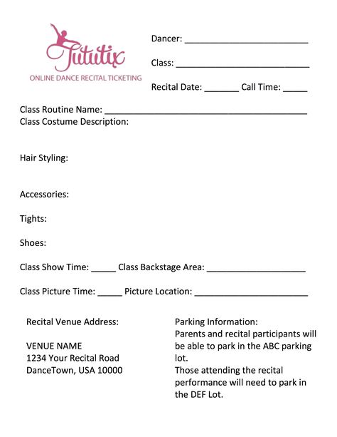 A dance recital info sheet basically conveys who, what, when, and where information that parents need to know. Encourage parents to transfer the information to their calendar and to store the document in a secure location.  Want an easy template to start from? You can download our Sample Recital Detail Information template using the form for free! It's a Microsoft Word document, so you can edit the details according to your needs. Dance Resume, Sign Up Sheet Template, Dance Teacher Tools, Dance Studio Ideas, Dance Coloring Pages, Class Routine, Stage Management, Teaching Dance, Ballet Recital