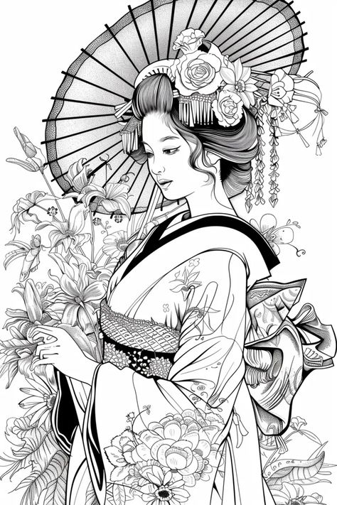 Traditional Japanese Flower Tattoo, Japanese Geisha Drawing, Geisha Drawing, Tattoo Japanese Style, Japanese Flower Tattoo, Japanese Drawings, Japanese Geisha, Traditional Japanese Art, Japanese Flowers