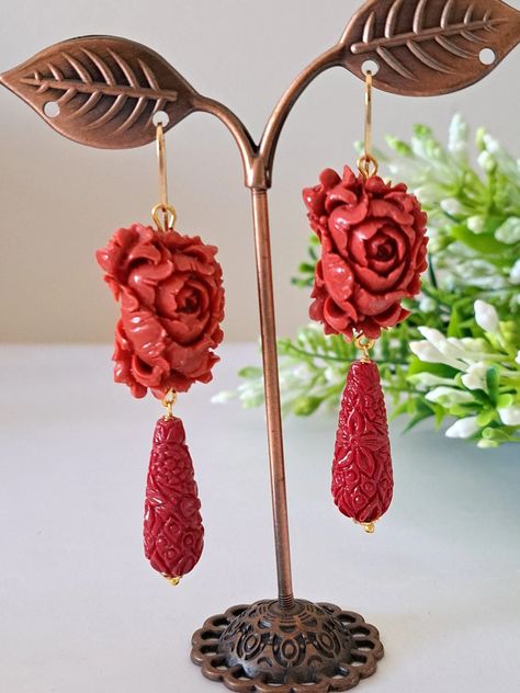 Red Coral Rose Earrings, Coral Drop Earrings, 925 Silver Earrings, Italian Jewelry - Etsy Coral Drop Earrings, Coral Rose, Jewelry Hair Accessories, Italian Jewelry, Jewelry Hair, 925 Silver Earrings, Rose Earrings, Red Coral, Hair Jewelry