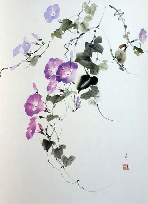 Chinese Brush Painting Flowers, Watercolor Japanese Art, Japanese Watercolor Paintings, Japanese Watercolor Art, Sumie Art, Japanese Art Painting, Sumie Painting, Chinese Painting Flowers, Chinese Ink Painting