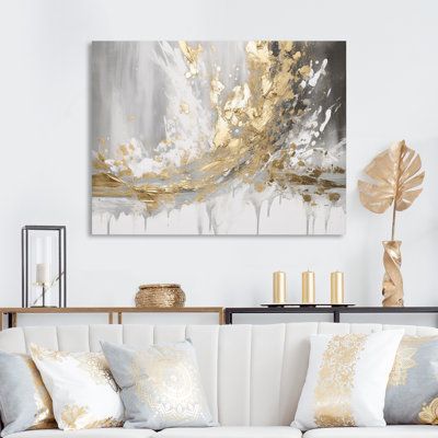 This art print elevates your space with a modern, glam aesthetic. Originally a graphic art piece, it's printed with premium inks on a cotton canvas for a gallery-worthy look. The design features abstract movements with splashes of bright gold against a watercolor gray background. We love that this landscape-oriented print comes with mounting hardware, ready to hang and style right out of the box. Arrange it over a sideboard, headboard, or sofa for a chic update. Format: Wrapped Canvas, Size: 24" Glam Aesthetic, Watercolor Wave, Luxury Marble, Gold Interior, Black Picture Frames, Gold Picture Frames, Marble Wall, Abstract Canvas Painting, Abstract Canvas Art