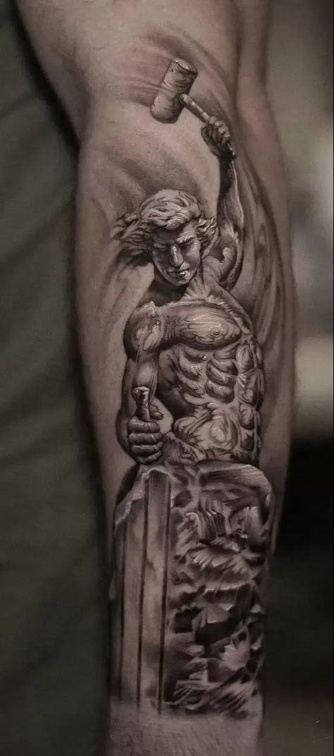 Man Sculpting Himself Tattoo, Greece Gods Tattoo, Self Made Man Tattoo, Greek Mythology Tattoos Forearm, Hercules Tattoo Mythology, Hephaestus Tattoo, Tattoo Arte Griego, Athena Tattoo Design Greek Mythology, Greece Mythology Tattoo