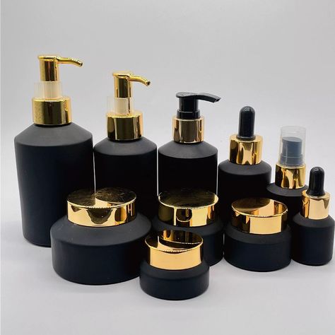 Check out this product on Alibaba App Cosmetic packaging 15ml-100g matte black slant shoulder glass bottle with gold lid/pump/dropper lotion bottle cream jar sets Cosmetic Labels Design, Gold Skincare, Skin Aesthetics, Cosmetic Labels, Black Skin Care, Black Cosmetics, Black Packaging, Cosmetic Packaging Design, Makeup Package