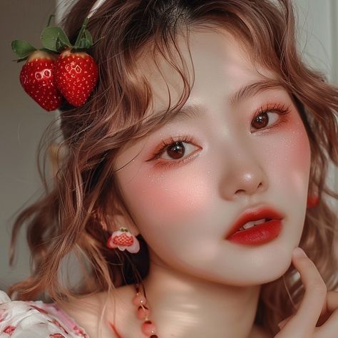 Strawberry Makeup Look Korean, Kwailnara Strawberry, Strawberry Makeup Look, Shimmery Eye Makeup, Skincare And Makeup Routine, Korean Strawberry, Berry Makeup, Strawberry Makeup, Themed Makeup