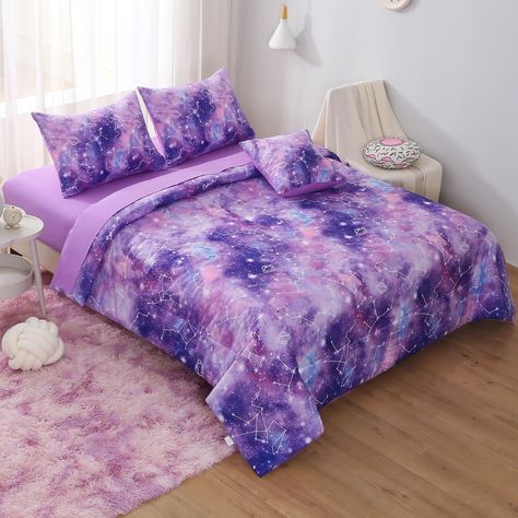 PRICES MAY VARY. 💜Soft & Comfort: Crafted from premium, skin-friendly material, this comforter set ensures softness, breathability, and color fastness for a cozy night's sleep.The galaxy bed set suitable for all season use, cool in the summer, comfortable in the spring and fall. 💜Unique Design: Featuring a chic design inspired by the galaxy, stars, and constellations, this full bedding set adds a touch of celestial charm to any bedroom decor. 💜Easy Care: The constellation comforter set is eas Space Room For Girls Bedroom, Space Bedroom Girl, Galaxy Themed Bedroom, Space Core, Cool Bedding, Purple Girls Bedroom, Galaxy Constellation, Galaxy Bedroom, Purple Girls Room