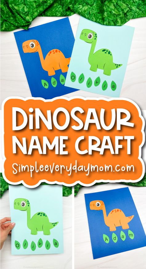 Dinosaur Name Craft For Kids [Free Template] Dinosaur Name Craft, Dinosaur Snacks, Dinosaur Crafts Preschool, Dinosaur Name, Mobile Craft, Activity For Preschoolers, Name Crafts, Craft Easy, Dinosaur Crafts