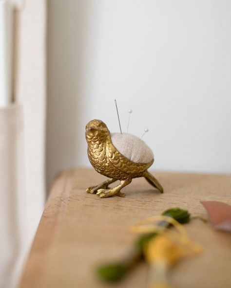 Heirloom Art Co. (@heirloomartco) • Instagram photos and videos Bird Pin Cushion, Quirky Home Accessories, Thrifted Gifts, Beautiful Tools, Bird Accessories, Brass Animals, Pin Cushions Patterns, Gifts For Grandma, Yellow Cushions