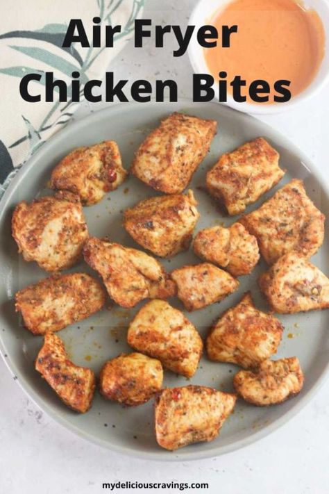 These easy air fryer chicken bites with no breading are tender, delicious and easy to make. This boneless chicken recipe is perfect for a weeknight dinner Boneless Chicken Recipe, Air Fryer Chicken Bites, Easy Air Fryer Chicken, Chicken Bites Recipes, Lemon Pepper Chicken Wings, Bbq Chicken Thighs, Boneless Wings, Chicken Recipes Boneless, Chicken Chunks