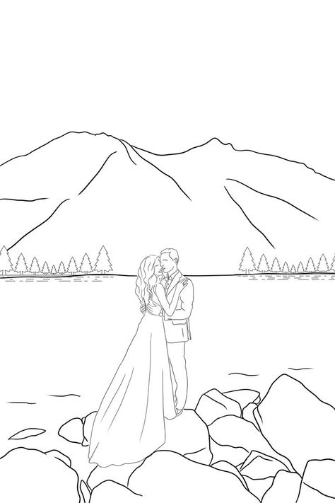 Wedding Line Art, Line Art Couple, Wedding Artwork, Line Art Digital, Wedding Drawing, Mountain Drawing, Outline Drawing, Outline Drawings, Mountain Wedding