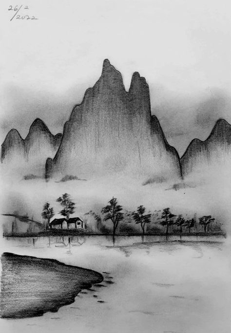 Easy Scenery, Charcoal Sketches, Easy Eye Drawing, Easy Scenery Drawing, Waldorf Art, Pencil Sketches Easy, Hiking Tattoo, Mountain Drawing, Charcoal Sketch