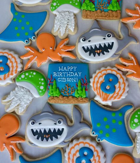 Nemo Cookies, Marine Cookies, Underwater Birthday, 3rd Birthday Boys, Sea Shark, Beach Cookies, Shark Cookies, Sugar Cookie Royal Icing, Water Creatures