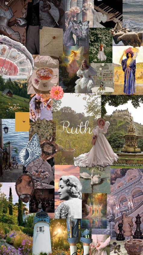 If the name Ruth was an aesthetic. The collage includes flowers,pretty women in white dresses,letters and envelopes,beaches,a seashell,a mirror, extravagant palaces, and a cottage and multiple gardens. Ruth Core, An Aesthetic, + Core + Aesthetic