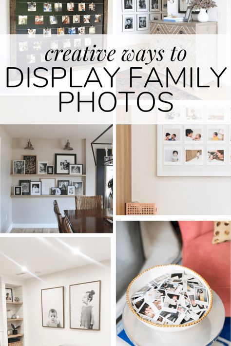 Creative ways to display family photos. If you need ideas for how to display your latest family photo session, this post is full of great ideas! #familyphotos #familyphotosession #art #homedecor Unique Way To Hang Pictures, Family Pictures Home Decor, Family Photo Display Ideas Wall, Creative Photo Display Ideas, Family Photo Display Ideas, Family Photo Design, Ways To Display Family Photos, Creative Family Pictures, Displaying Family Pictures