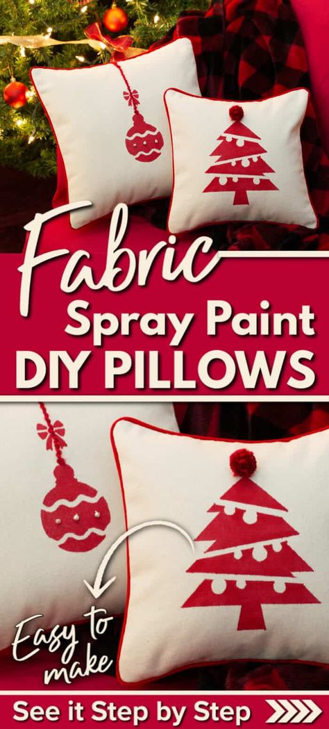 Fabric Spray Paint Pillows - DIY fabric painting ideas - decorating with throw pillows #diypillows #fabricpaint Fabric Painting Ideas, Pinterest Christmas Crafts, Decoration Pillows, Christmas Pillows Diy, Fabric Spray Paint, Diy Mantel, Throw Pillow Diy, Paint Dipping, Pinterest Christmas