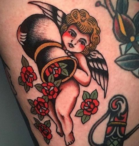 Think Tattoo, Traditional Tattoo Inspiration, American Traditional Tattoo Ideas, Cherub Tattoo, Vintage Tattoo Design, Traditional Tattoo Ideas, Timeless Tattoo, Small Finger Tattoos, Traditional Style Tattoo