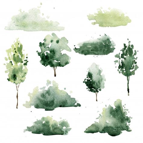 Watercolor trees and shrubs Premium Phot... | Premium Photo #Freepik #photo #watercolor Watercolor Trees Architecture, Watercolor Tree Architecture, Watercolor Shrubs, Architectural Trees Drawing, Watercolor Trees Landscape, Bushes Watercolor, Water Color Trees, Architecture Trees, Art Work Painting