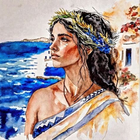 Penelope is waiting for her Odysseus. Watercolors, acrylics, soft paper. #lovetodraw #watercolors #watercolorsketch #odyssey #odysseus #penelope #youngwoman #greekwoman Penelope Odyssey Art, Penelope Greek Mythology, Odysseus And Penelope Fanart, Penelope Epic, Penelope Odyssey, Odysseus Penelope, Odysseus And Penelope, Greek Women, Greek Mythology Art