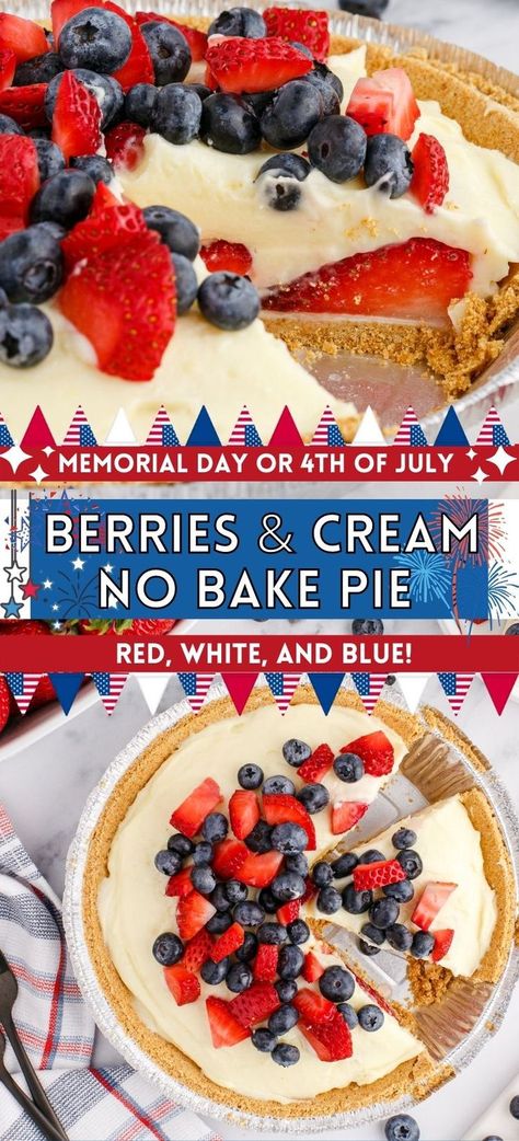 Two images of a cream pie topped with berries with a text box in the center with the title of the recipe on it. Cream Cheese Berry Pie, Berry Cream Pie Recipes, No Bake Fruit Pie, Graham Cracker Pie Crust Dessert, Strawberry Pie Graham Cracker Crust, No Bake Pies With Graham Cracker Crust, Chocolate Cheesecake Pudding, Pies With Graham Cracker Crust, No Bake Graham Cracker Crust