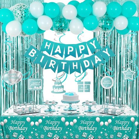 Amazon.com: Birthday Decorations Girls Teal Happy Birthday Balloons for Women Birthday Party Decor for 10th 13th 16th 18th 20th 21st 25th 30th 35th 40th 50th 60th with Rain Curtains Tablecloth Swirl Pendants : Toys & Games Teal Birthday Decorations, Teal Party Decorations, Teal Birthday, Balloons White, Teal Party, Green Confetti, Fringe Curtains, Women Birthday Party, Disposable Tablecloth