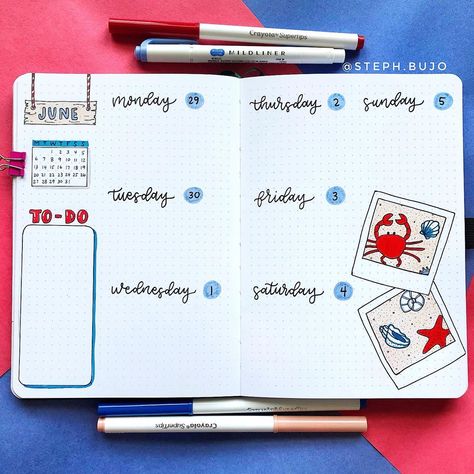 Stephanie | Bullet journal on Instagram: “Happy July 1st!!! Hope you guys are having a great week❤️ this is my weekly spread for the week, I hope you guys like it ☺️⁣ ⁣ ⁣ ⁣ ⁣ Check…” July Bujo Weekly Spread, July Weekly Spread Bullet Journal, July Bullet Journal Ideas, July Journal, Bullet Journal Weekly Layout, Bullet Journal Headers, July Calendar, Bujo Weekly Spread, Grid Journals