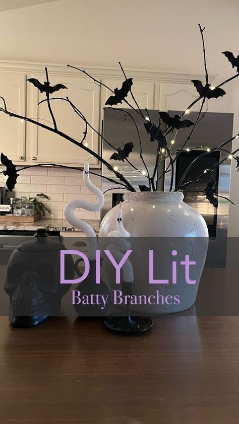 DIY Lit Batty Branches (for basically FREE) �🤩🤩🤩 Scavenge yourself some branches from your yard, or your neighbors yard, or the park or wherever. 😆 Spray paint those black. Get yourself some of these cutie bats from Dollar Tree and hot glue them on however ya like. Wrap your branches in Fairy lights and BAM. That’s literally it. This DIY is quick, EASY and so cute it’s batty! 🦇🦇🦇 . . . . #diyhalloween #halloweenideas #halloweendecor #halloweenseason #halloweendiy #halloweendecorations | Do Halloween Facts For Kids, Halloween Branches, Halloween Fun Facts, Diy Halloween Tree, Jesus Decor, Painted Branches, Fun Facts For Kids, Halloween Outside, October 3rd