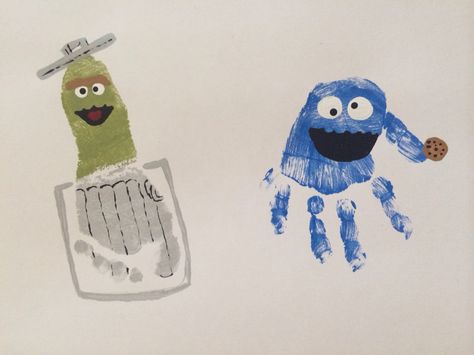 Oscar The Grouch Footprint & Cookie Monster Handprint Monster Footprint Hop, Monsters Inc Footprint Art, Cookie Monster Footprint, Cookie Monster Arts And Crafts, Cookie Monster Painting Canvas, Baby Feet Art, Sesame Street Crafts, Kids Painting Crafts, Footprint Craft