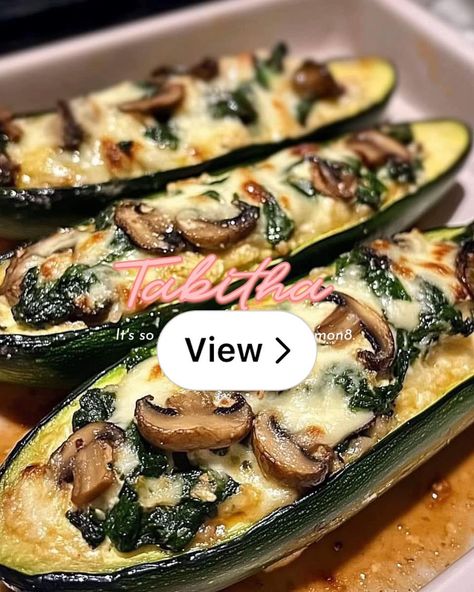 Lemon8 · Spinach, Mushroom, and Ricotta Stuffed Zucchini  · @Tabitha Sausage And Spinach, Comfort Meals, Sausage Stuffed Mushrooms, Spinach Mushroom, Stuffed Zucchini, Fresh Spinach, Sauteed Mushrooms, Frozen Spinach, Jamie Oliver