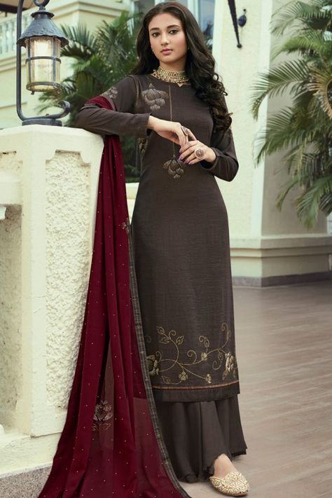 Stone Work Soft Silk Coffee Brown Palazzo Suit € 97 Salwar Kameez Neck Designs, Coffee Brown Color, Suit Brown, Off White Designer, Cotton Silk Fabric, Velvet Dress Designs, Georgette Dupatta, Salwar Designs, Latest Designer Sarees