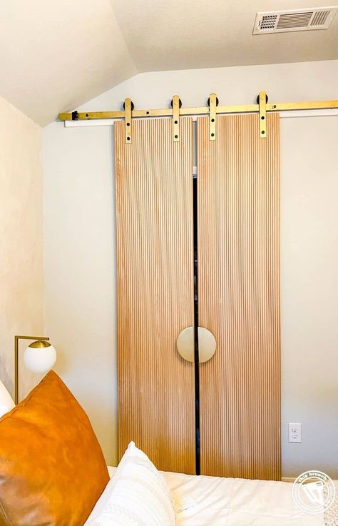 Modern Barn Door Sliding, Interior Door Hardware Modern, Mcm Sliding Door, Modern Double Barn Door, Brass Barn Door Hardware, Mid Century Modern Sliding Door, Diy Double Doors Interior, Pole Wrap Closet Door, Upgrade Sliding Closet Doors