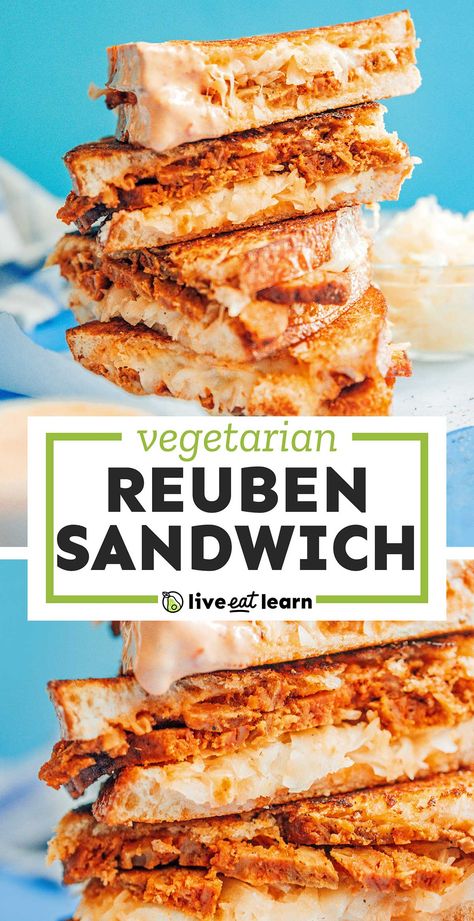 Need some new vegetarian sandwich inspiration? Dive into this vegetarian Seitan Reuben Sandwich, complete with Swiss cheese, thousand islands dressing, and sauerkraut! It's a flavor packed healthy lunch idea that's easy to make (and perfect for St. Patrick's Day!). #vegetarian #sandwich #reuben #stpatricksday Veggie Recipes For Lunch, Vegetarian Reuben, Sandwich Inspiration, Reuben Sandwich Recipe, New Vegetarian, Vegetarian Sandwich Recipes, Healthy Packed Lunches, Vegetarian Casserole, Healthy Vegetarian Dinner