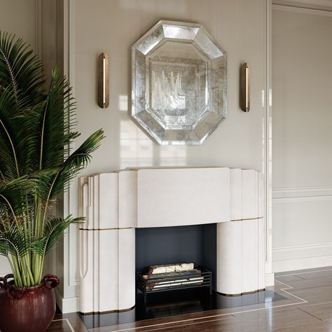 THE EMPIRE | A collaboration with @chesneysusa⁠ .⁠ The Empire fireplace mantel marries the subtlety of limestone with the allure of metal in a sleek, Art-Deco inspired profile. Available in both Classico and Anatolian Grey limestone, the design features waves and ridges that capture light and shadow. The Empire offers an alternate XL design option to add intricately carved corner detailing that speak further to its Art-Deco origins.⁠ .⁠ #interior #interiors #interiordesign #interiordesigner #... Art Deco Fireplace Surround, Deco Fireplace, Art Deco Fireplace, Modern Fireplace, Fireplace Mantel, Fireplace Surrounds, Art Deco Inspired, Fireplace Mantels, Light And Shadow