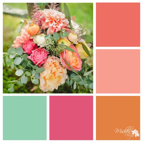 Pink Orange Mint Wedding, Magenta Coral Color Palettes, Coral Pink Green Palette, Sage Pink Orange Wedding, Pale Pink And Orange Wedding, Pink Orange Green Color Scheme, Orange And Pink Wedding Theme, Coral And Green Wedding, Pink And Orange Wedding Theme