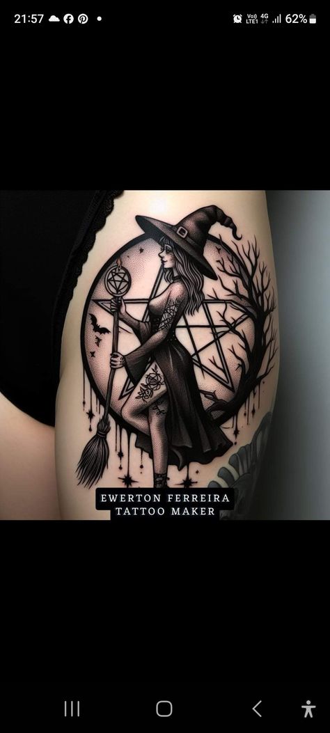 Witchy Hip Tattoo, Women Shin Tattoos, Fem Tattoos, Esoteric Tattoo, Wicca Tattoo, Witchy Tattoos, Witchcraft Tattoos, Shin Tattoo, Skull Girl Tattoo