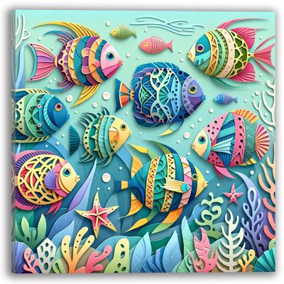 This canvas print is a kaleidoscope of color teeming with artistically rendered fish and sea life that seem to dance across the wall. Crafted with a three-dimensional paper art style each detail pops with life adding a dynamic and joyful presence to any room. The vivid colors are printed with high-quality fade-resistant inks ensuring the brightness of the artwork endures. Perfect for a child’s room a maritime collector or anyone looking to infuse their space with the lively essence of an underwa Whimsical Fish Art, Seahorse Art, Paper Fish, Sea Life Art, 3d Paper Art, Fish Wall Art, Art Tropical, Aquarium Decor, Paper Flower Tutorial