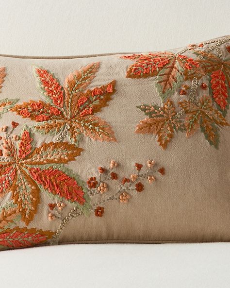 Add a little artful embroidery into the mix with this delightful pillow cover design. The intricate detail in tonal colors adds depth and dimension yet works well nestled in with other prints and patterns. Coordinates with other designs in the Botanical Embroidered Pillow Cover Collection.  Exclusive. Hidden zipper closure.  Pillow insert is sold separately. Christmas Decor Pillows, Embroidered Pillows Diy, Cushion Embroidery Design Ideas, Pillow Cover Embroidery Designs, Autumn Leaves Embroidery, Fall Pillows Diy, Autumn Pillows, Autumn Pillow, Autumn Embroidery