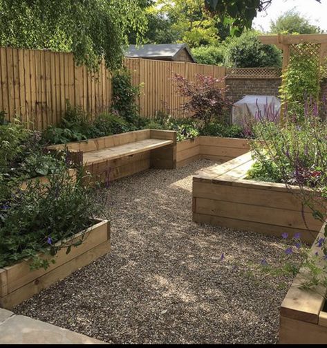 Garden Bed With Seating, Raised Beds With Gravel Paths, Raised Bed Seating, Raised Bed Small Garden, Garden Design With Raised Beds, Raised Bed With Seating, Raised Bed Garden Layout Landscaping Ideas, Diy Garden Layout, Garden Layout Design