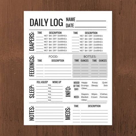 8.5 x 11 inch printable Infant Daily Log that can be printed as many times as needed. It is a great way to keep track of your babys daily events such as diapers, naps, meals, medicine, mood, bottles, and items needed. It also has a notes section to write any additional information like tummy time Nanny Binder, Infant Daily Report, Babysitting Activities, Baby Tracker, Daycare Forms, Infant Classroom, Newborn Schedule, Baby Routine, Toddler Schedule