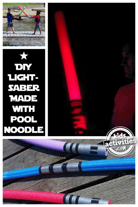 Easy & Fun DIY Pool Noodle Lightsabers | Kids Activities Blog Double Sided Lightsaber, Double Lightsaber, Swim Noodles, Diy Lightsaber, Star Wars Crafts, Star Wars Cake, Pool Noodle, Diy Pool, Pool Noodles