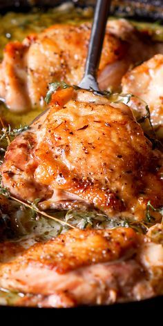 Herb Roasted Chicken Thighs, One Skillet Chicken, Creamy White Wine Sauce, Bone In Chicken, Chicken Breast Recipes Baked, Roasted Chicken Thighs, Chicken Recipies, One Skillet, Herb Roasted Chicken