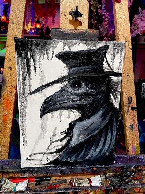 Demon Painting Dark Art, Dark Themed Paintings, Grim Reaper Painting Acrylic, Goth Canvas Art, Plague Doctor Painting, Spooky Acrylic Painting Ideas, Acrylic Painting Ideas Dark, Creepy Canvas Paintings, Horror Movie Painting Ideas