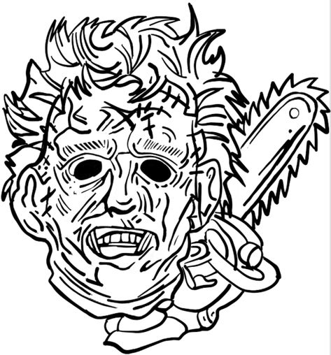 Leather face for designs svg Leather Face Drawing, Texas Chainsaw Mascara Tattoo, Leather Face Tattoo, Slasher Christmas, Texas Chainsaw Tattoo, Leatherface Drawing, Horror Sleeve, Scary Coloring Pages, Simple Face Drawing