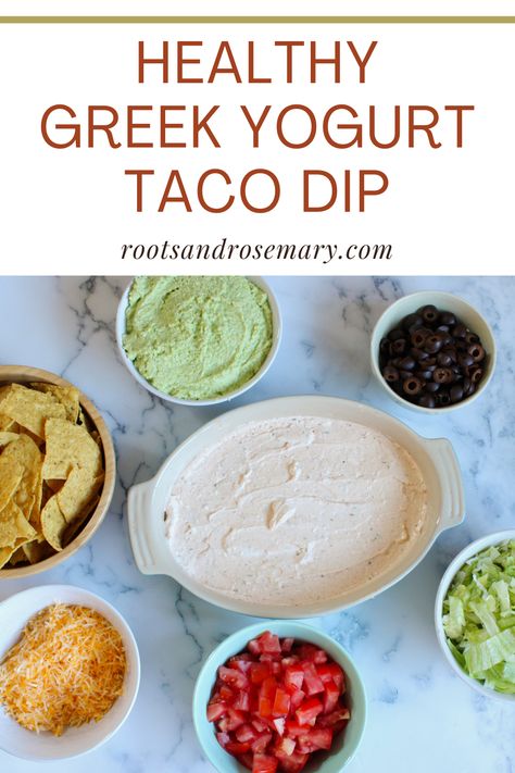 A casserole dish filled with seasoned Greek yogurt, surrounded by bowls of tomatoes, lettuce, cheese, olives, and chips Yogurt Cream Cheese, Taco Dip Easy, Greek Yogurt Dip, Greek Yogurt Dips, Tortilla Chip, Daily Protein, Healthy Greek Yogurt, Olive Relish, Protein Snack