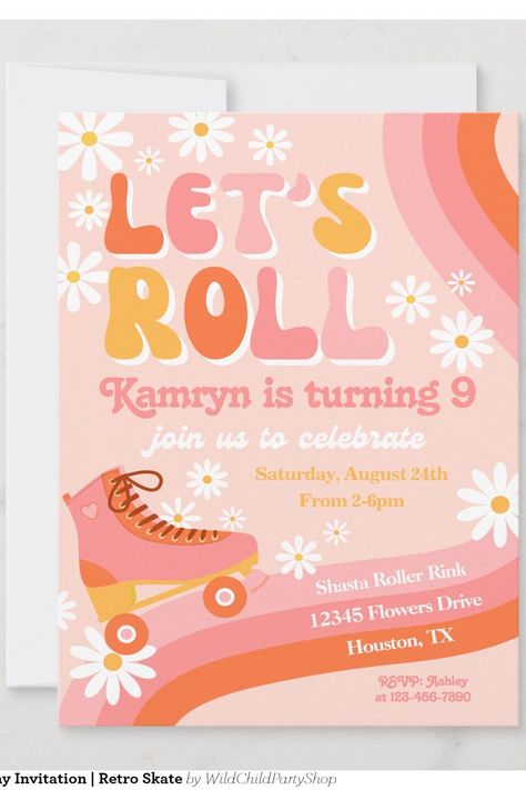 Roller Skate Birthday Invitation | Retro Skate Retro Roller Skating Party, Groovy Roller Skating Party, Retro Themed Birthday Party, Roller Skating Invitations, Preppy Birthday Invites, Kids Roller Skating Birthday Party, Roller Skate Party Ideas Girl Birthday, Rollerskate Birthday Party, Skate Party Invitations