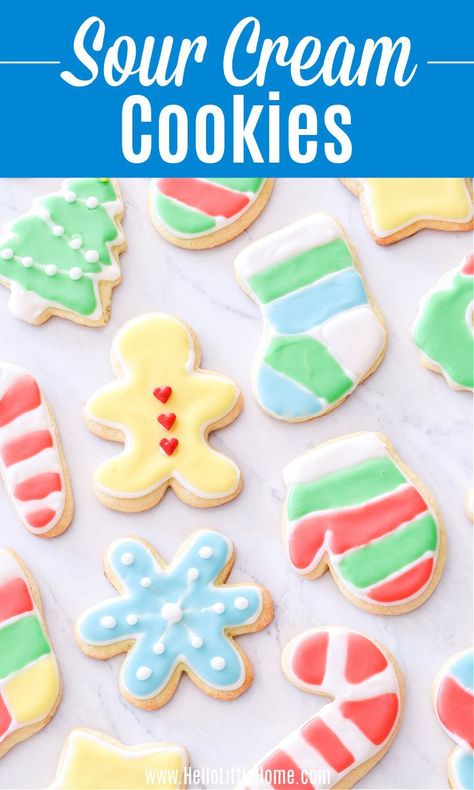 Sour Cream Sugar Cookies Recipe, Hello Cookies, Sour Cream Christmas Cookies, Sour Cream Cookies Easy, Cut Out Cookies Christmas, Sour Cream Cookies Christmas, Roll Out Christmas Cookies, Sour Cream Sugar Cookie Recipe, Sour Cream Frosting Recipe