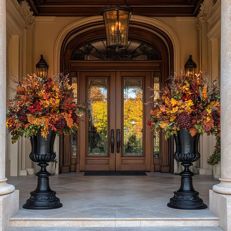 Fall Urn Decor, Fall Urns With Pumpkins, Fall Urn Planter Ideas, Decorating Front Porch For Fall, Front Porch Pumpkins Display, Fall Urns For Front Porch, Fall Urns, Porch Styling, Porch Urns