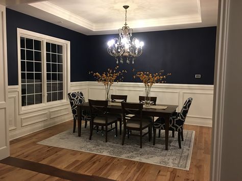 Dark Blue Dining Room, Blue Dining Room Walls, Light Blue Living Room, Dining Room Navy, Blue Dining Room, Blue Walls Living Room, Dining Room Wainscoting, Dining Room Paint Colors, Dining Room Updates