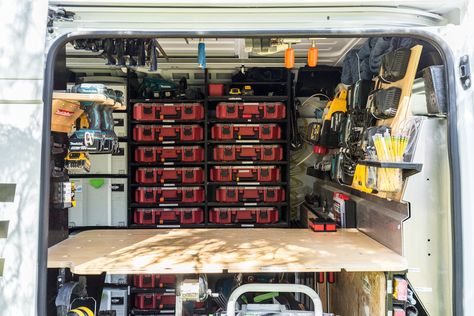 7 Rules For Organizing Your Work Van - This Old House Truck Organization Ideas, Work Truck Organization, Work Truck Storage, Van Organization, Ute Canopy, Truck Organization, Van Shelving, Work Trailer, Work Van