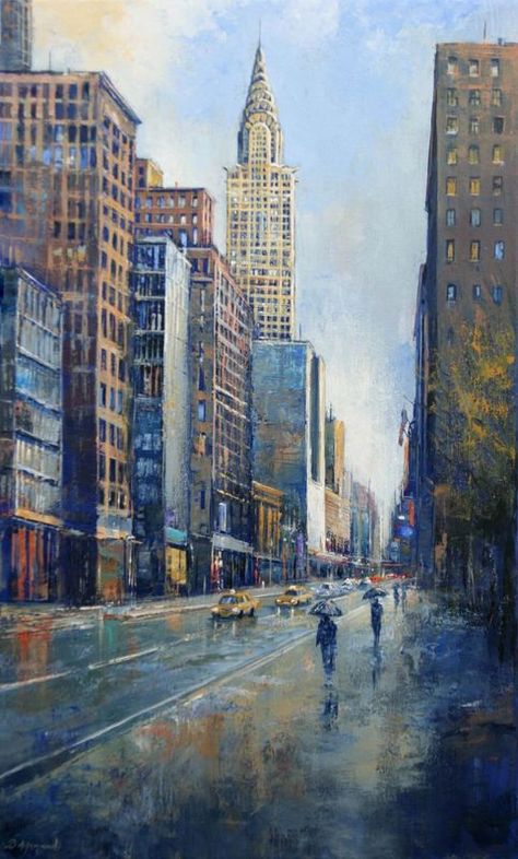 "Rain in New York" by Behshad Arjomandi. Oil painting on Canvas, Subject: Architecture and cityscapes, Photorealistic style, One of a kind artwork, Signed certificate of authenticity, This artwork is sold unframed, Size: 54 x 89 x 2 cm (unframed), 21.26 x 35.04 x 0.79 in (unframed), Materials: Oil on canvas New York City Painting, New York Painting, Skyline Painting, Rain Painting, Building Painting, York Wallpaper, City Drawing, Chrysler Building, City Painting