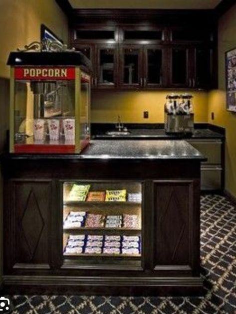 Home Theater Candy Bar, Affordable Home Theater Ideas, Home Candy Bar, Home Theater Snack Bar Ideas, Snack Bar Ideas Home, Home Theater Snack Bar, Theater Decoration, Cinema Lobby, Small Theatre Room